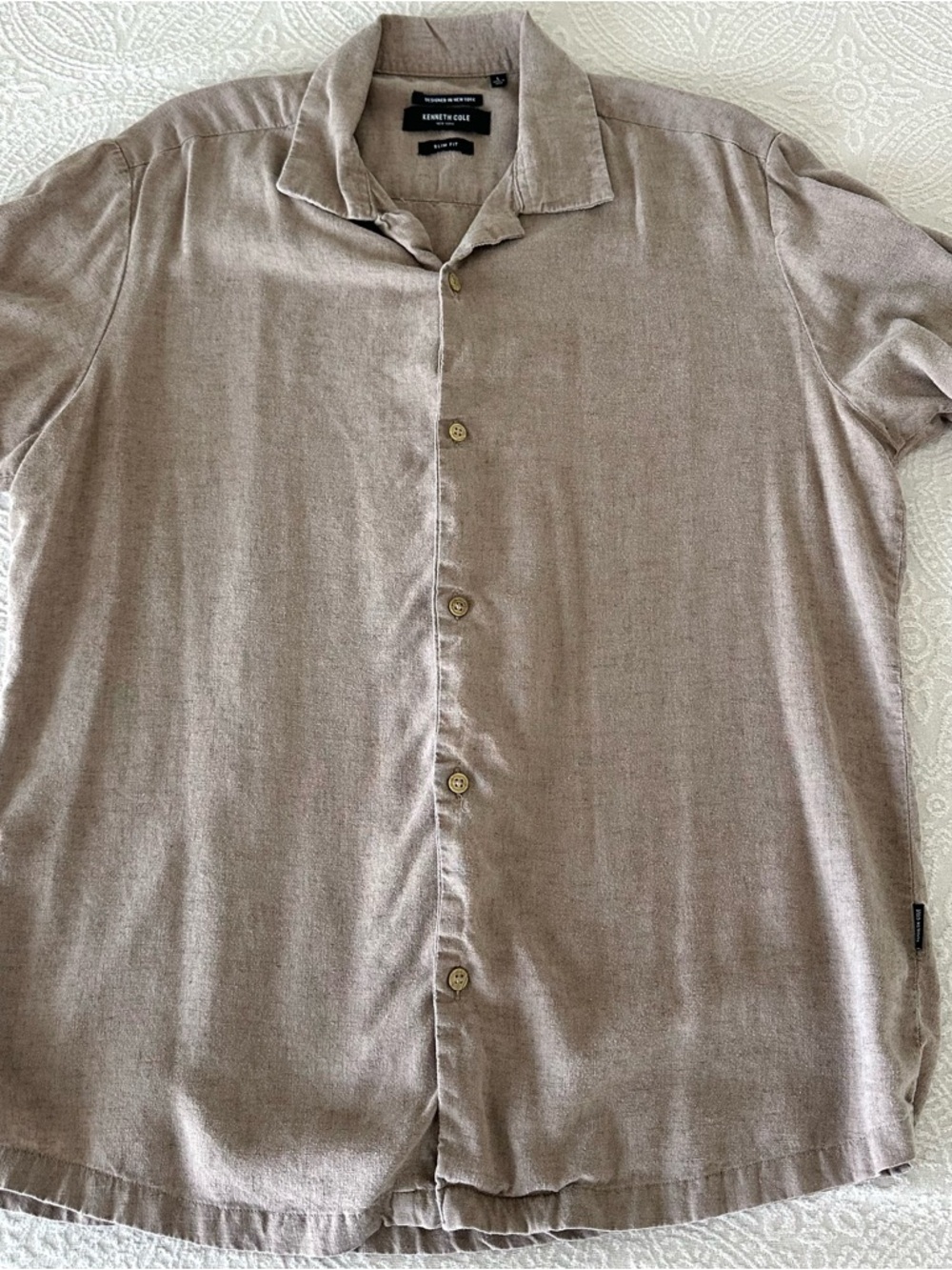 Men’s Kenneth Cole Tan Taupe Beige Brown Linen Short Sleeve Button Down Slim L